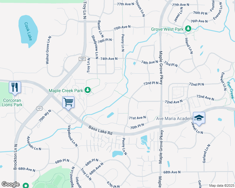 map of restaurants, bars, coffee shops, grocery stores, and more near 18021 72nd Avenue North in Maple Grove
