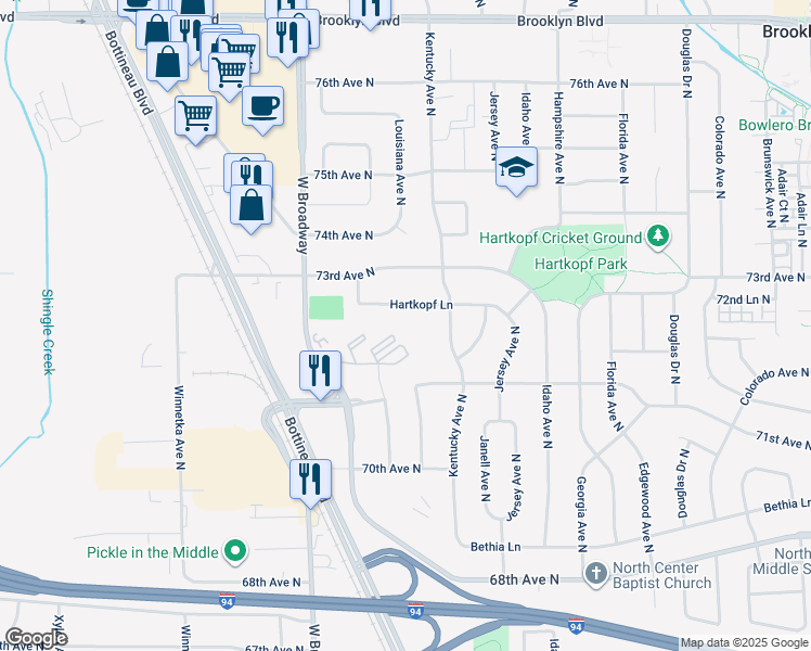 map of restaurants, bars, coffee shops, grocery stores, and more near 7125 Kentucky Avenue North in Minneapolis