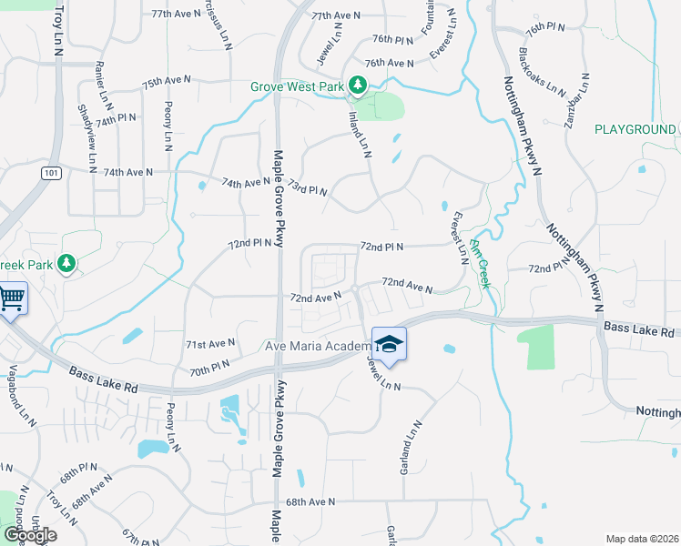 map of restaurants, bars, coffee shops, grocery stores, and more near 17288 72nd Avenue North in Maple Grove