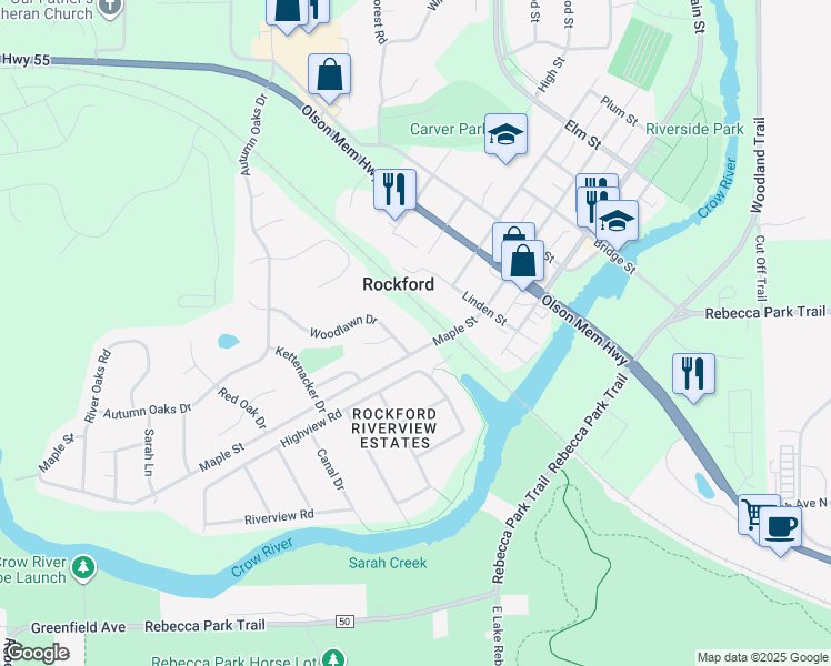 map of restaurants, bars, coffee shops, grocery stores, and more near 8501 Woodlawn Drive in Rockford