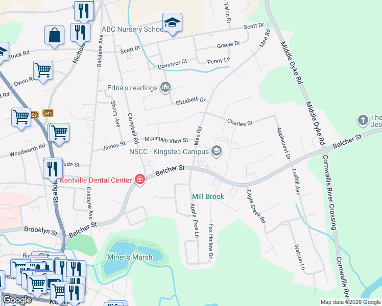 map of restaurants, bars, coffee shops, grocery stores, and more near 15 Mee Road in Kentville