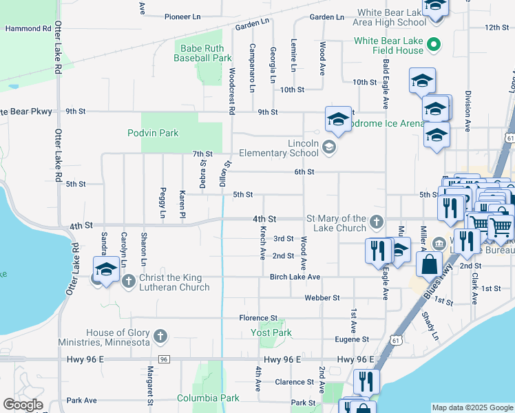 map of restaurants, bars, coffee shops, grocery stores, and more near 1827 4th Street in White Bear Lake
