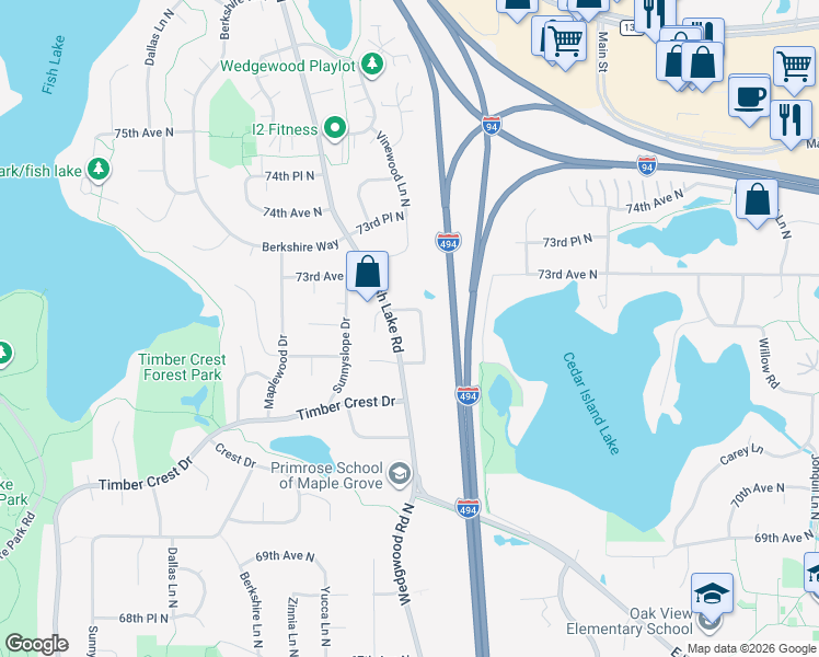 map of restaurants, bars, coffee shops, grocery stores, and more near 7200 Vinewood Lane North in Maple Grove
