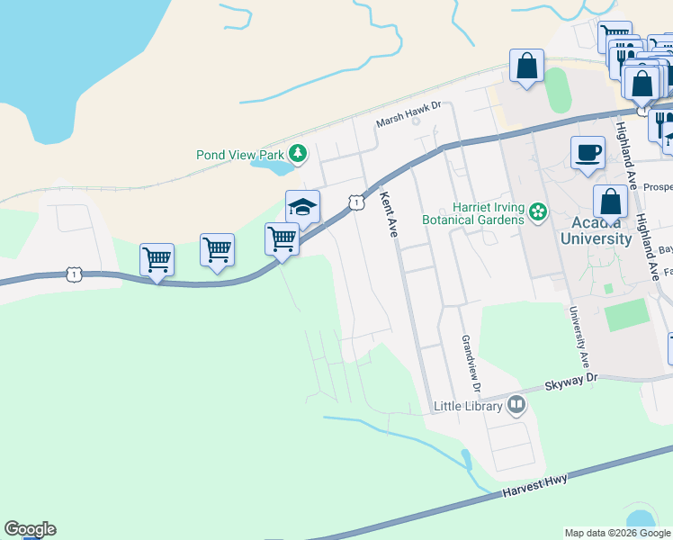 map of restaurants, bars, coffee shops, grocery stores, and more near 709 Main Street in Wolfville