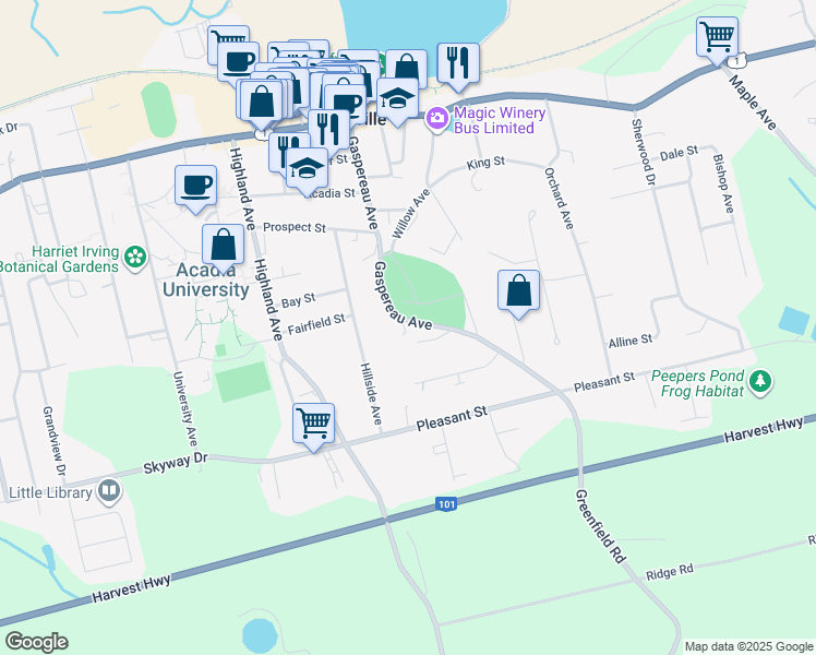 map of restaurants, bars, coffee shops, grocery stores, and more near 110 Gaspereau Avenue in Wolfville