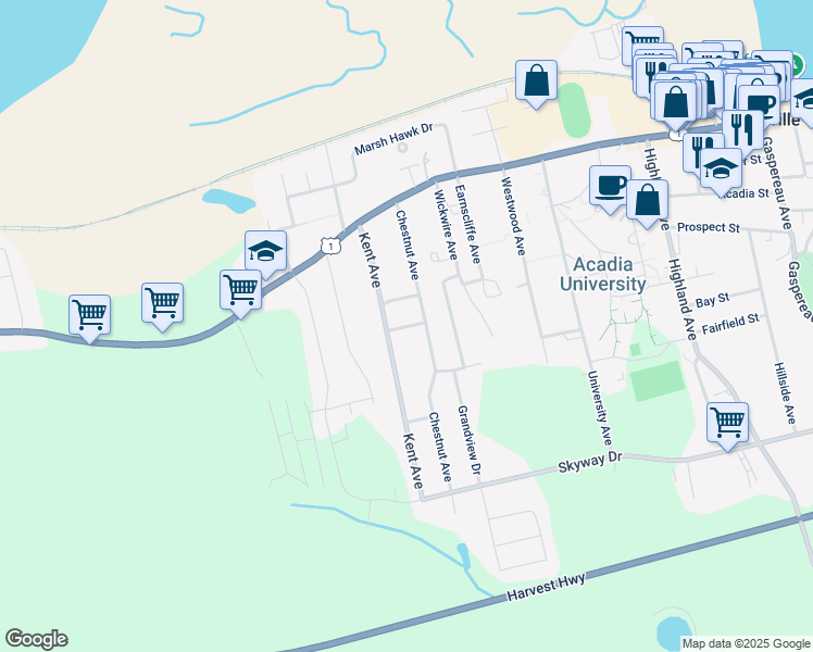 map of restaurants, bars, coffee shops, grocery stores, and more near Queen Street in Wolfville