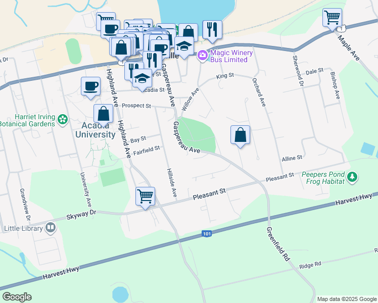 map of restaurants, bars, coffee shops, grocery stores, and more near 110 Gaspereau Avenue in Wolfville