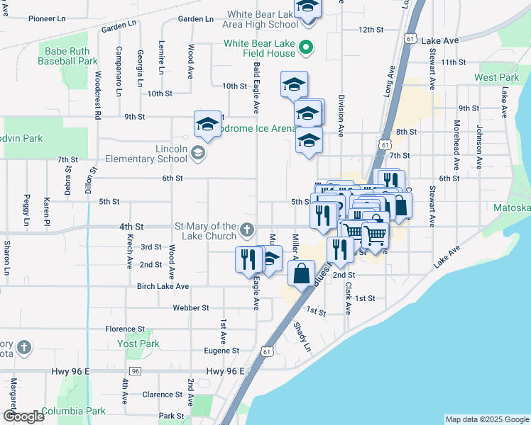 map of restaurants, bars, coffee shops, grocery stores, and more near 2025 4th Street in White Bear Lake