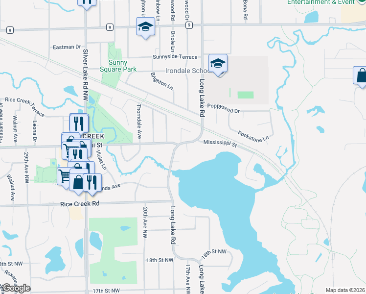 map of restaurants, bars, coffee shops, grocery stores, and more near 2203 Long Lake Road in New Brighton
