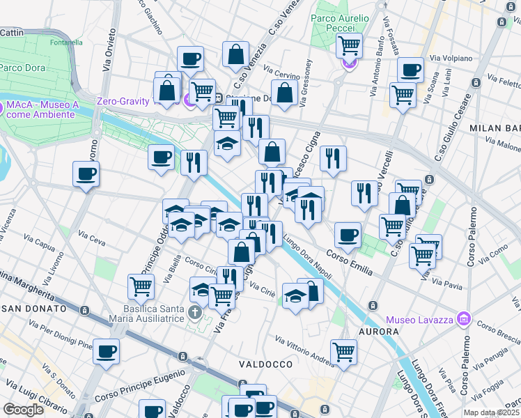 map of restaurants, bars, coffee shops, grocery stores, and more near 56/B Lungo Dora Napoli in Turin