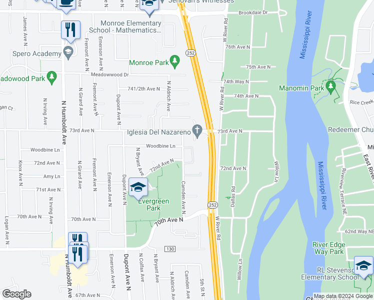 map of restaurants, bars, coffee shops, grocery stores, and more near 7224 Camden Avenue North in Minneapolis