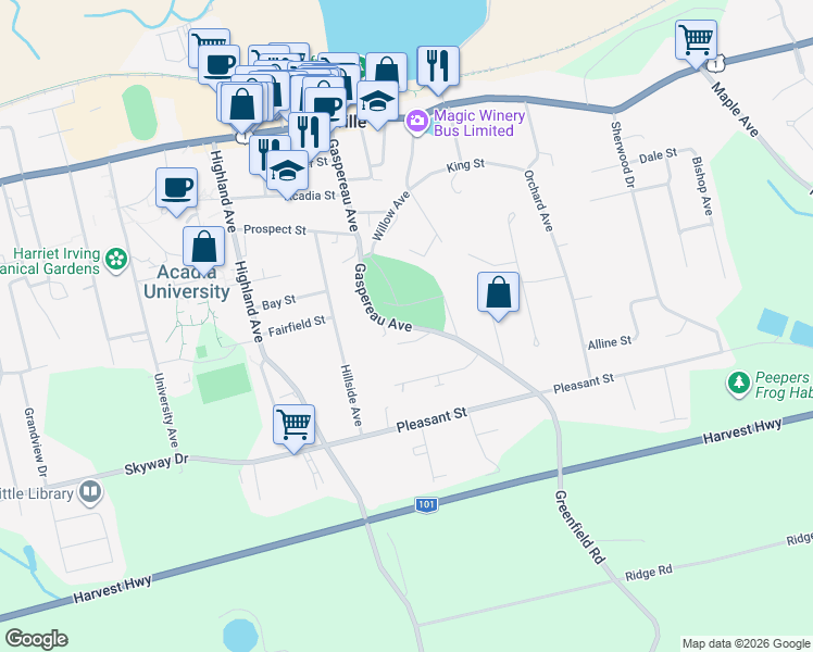 map of restaurants, bars, coffee shops, grocery stores, and more near Gaspereau Avenue in Wolfville