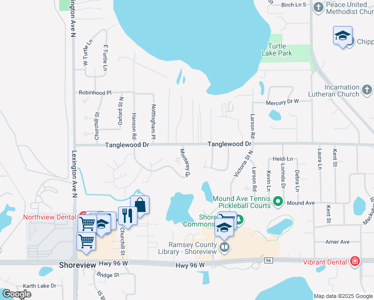 map of restaurants, bars, coffee shops, grocery stores, and more near 869 Monterey Drive in Shoreview