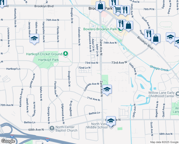 map of restaurants, bars, coffee shops, grocery stores, and more near 6000 72nd Avenue North in Minneapolis