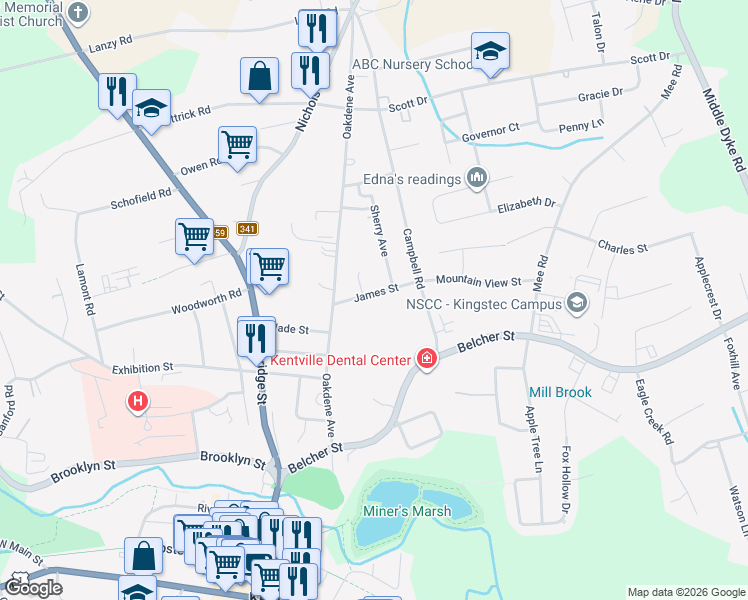 map of restaurants, bars, coffee shops, grocery stores, and more near 24 James Street in Kentville