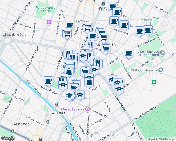 map of restaurants, bars, coffee shops, grocery stores, and more near 46 Via Aosta in Turin