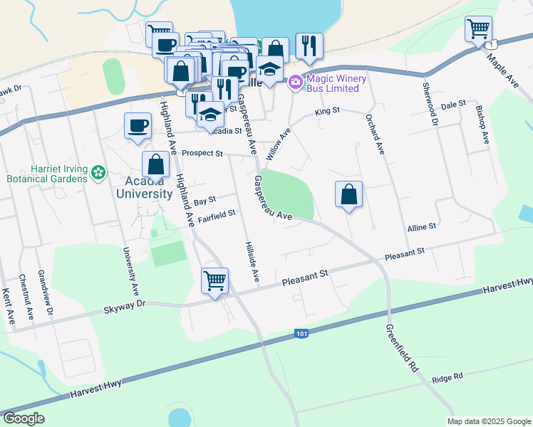 map of restaurants, bars, coffee shops, grocery stores, and more near 102 Gaspereau Avenue in Wolfville