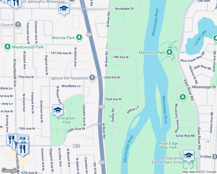 map of restaurants, bars, coffee shops, grocery stores, and more near 7206 West River Road in Minneapolis
