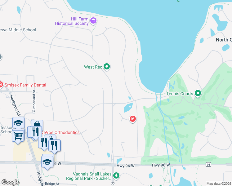 map of restaurants, bars, coffee shops, grocery stores, and more near 2 Pleasant Lake Road in North Oaks