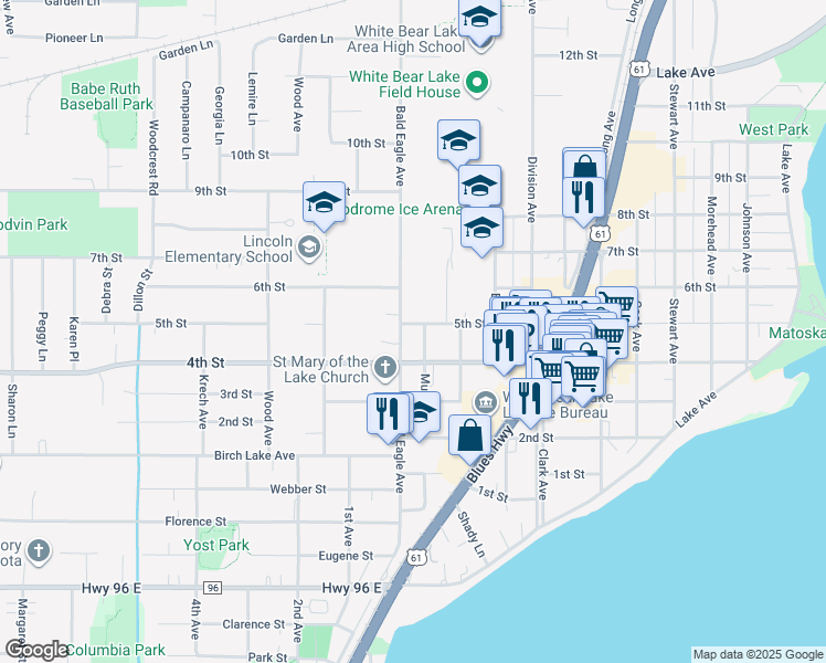 map of restaurants, bars, coffee shops, grocery stores, and more near 4816 Bald Eagle Avenue in White Bear Lake