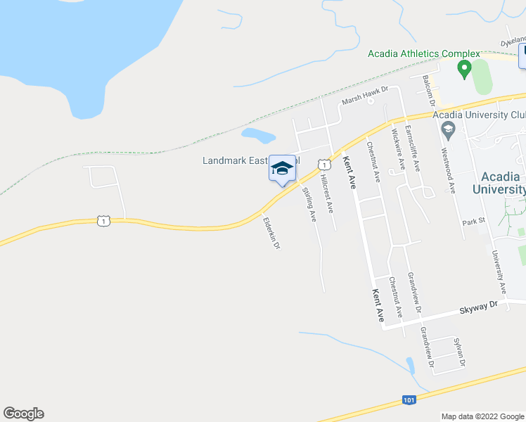 map of restaurants, bars, coffee shops, grocery stores, and more near 1205 Main Street in Wolfville