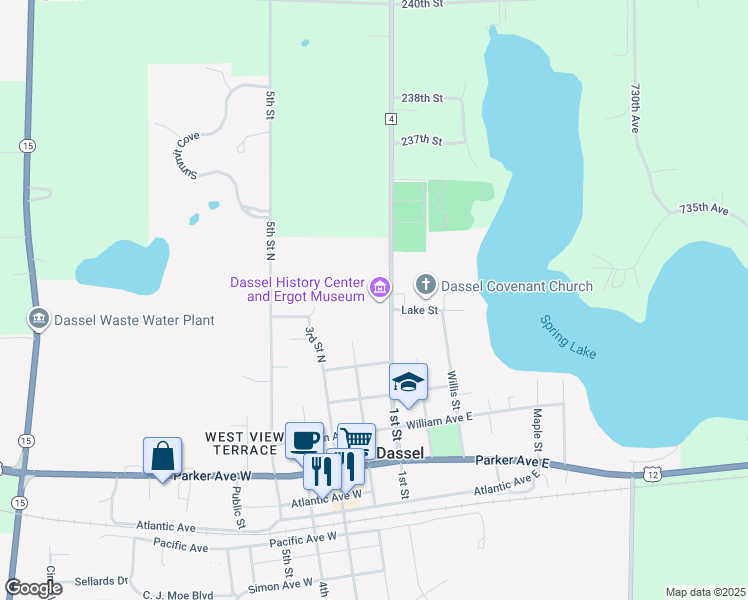 map of restaurants, bars, coffee shops, grocery stores, and more near 901 1st Street in Dassel
