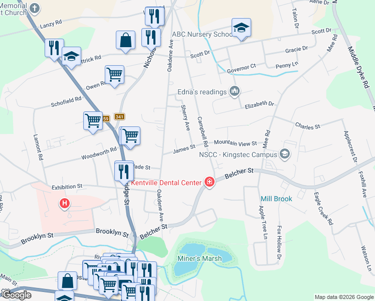 map of restaurants, bars, coffee shops, grocery stores, and more near 24 James Street in Kentville