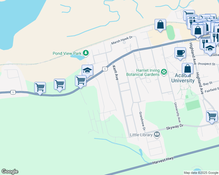 map of restaurants, bars, coffee shops, grocery stores, and more near 15 Hillcrest Avenue in Wolfville