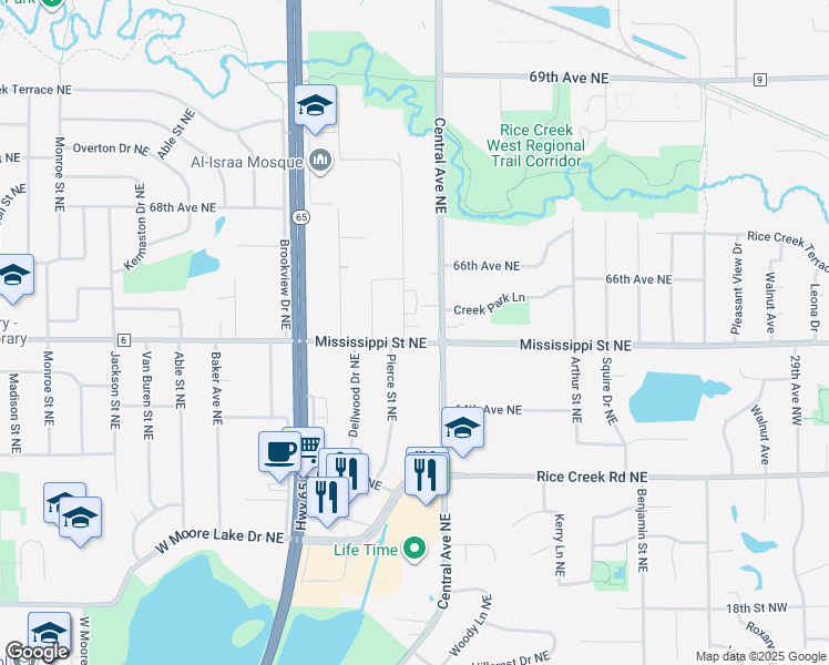 map of restaurants, bars, coffee shops, grocery stores, and more near 6544 Central Avenue Northeast in Minneapolis