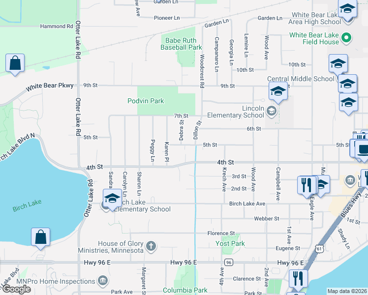 map of restaurants, bars, coffee shops, grocery stores, and more near 4815 Debra Street in White Bear Lake