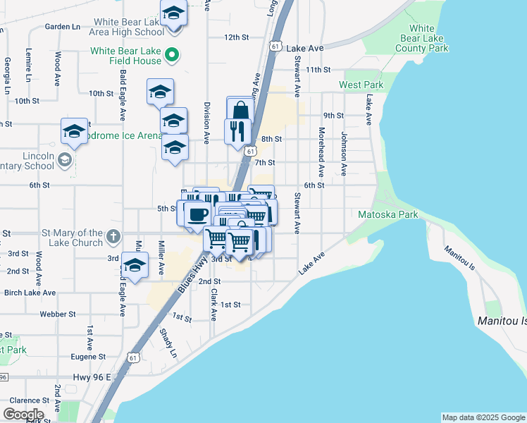 map of restaurants, bars, coffee shops, grocery stores, and more near 2205 5th Street in White Bear Lake
