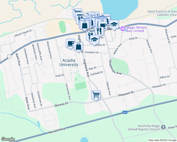 map of restaurants, bars, coffee shops, grocery stores, and more near 51 Highland Avenue in Wolfville