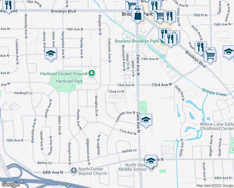 map of restaurants, bars, coffee shops, grocery stores, and more near 6010 72nd Lane North in Brooklyn Park