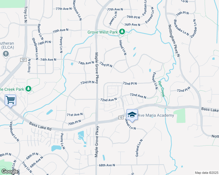 map of restaurants, bars, coffee shops, grocery stores, and more near 17280 72nd Place North in Maple Grove