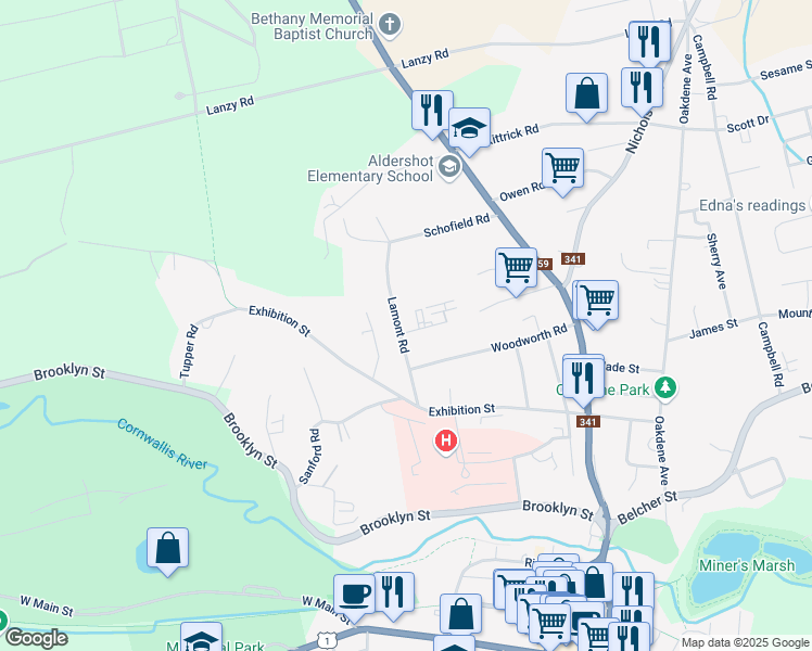 map of restaurants, bars, coffee shops, grocery stores, and more near 336 Lamont Road in Kentville