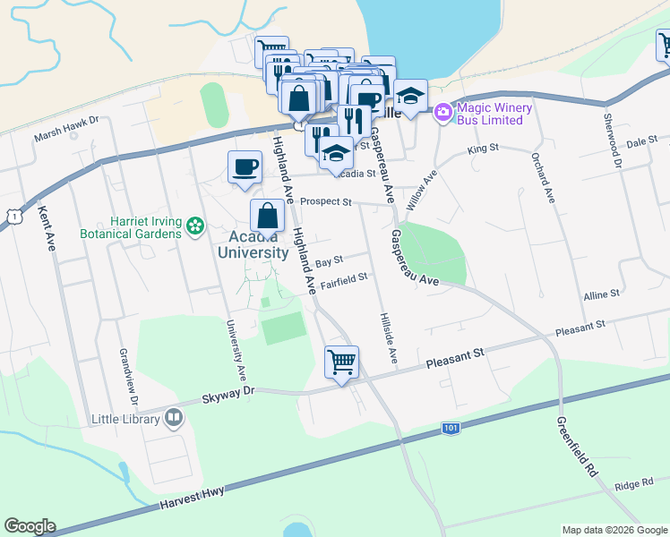 map of restaurants, bars, coffee shops, grocery stores, and more near 9 Bay Street in Wolfville