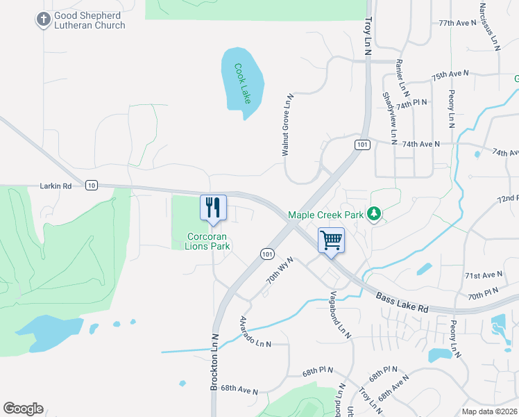 map of restaurants, bars, coffee shops, grocery stores, and more near 18824 72nd Place North in Maple Grove