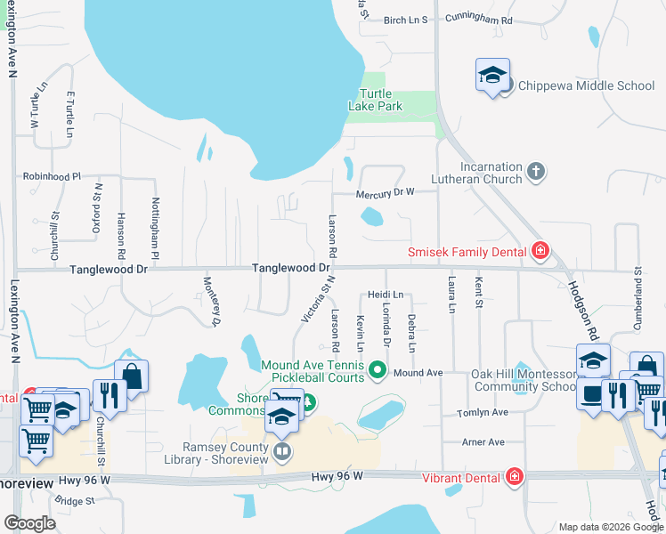 map of restaurants, bars, coffee shops, grocery stores, and more near Tanglewood Drive in Shoreview