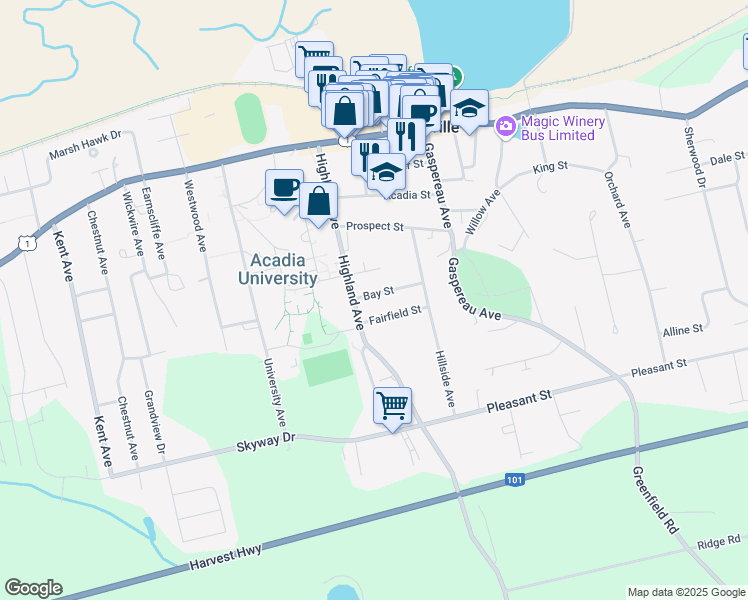 map of restaurants, bars, coffee shops, grocery stores, and more near 11 Bay Street in Wolfville