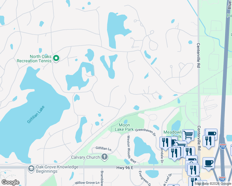 map of restaurants, bars, coffee shops, grocery stores, and more near 2 Robb Farm Road in North Oaks