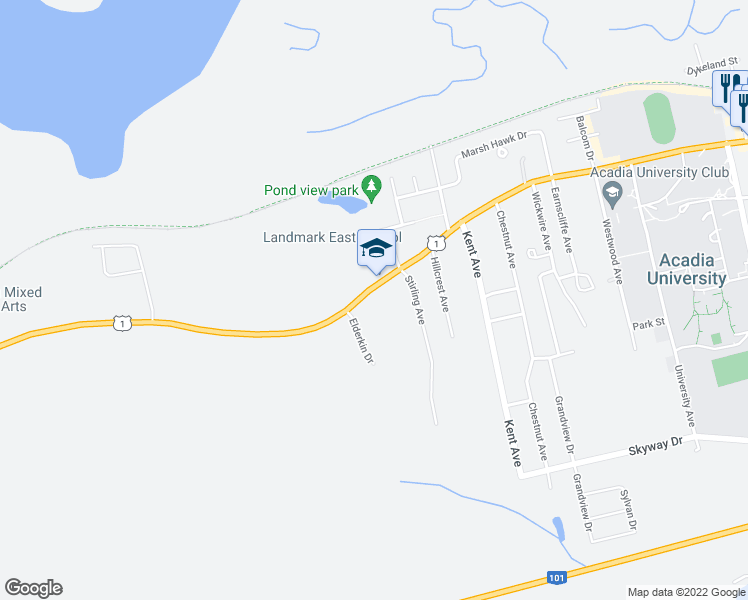 map of restaurants, bars, coffee shops, grocery stores, and more near 1073 Main Street in Wolfville