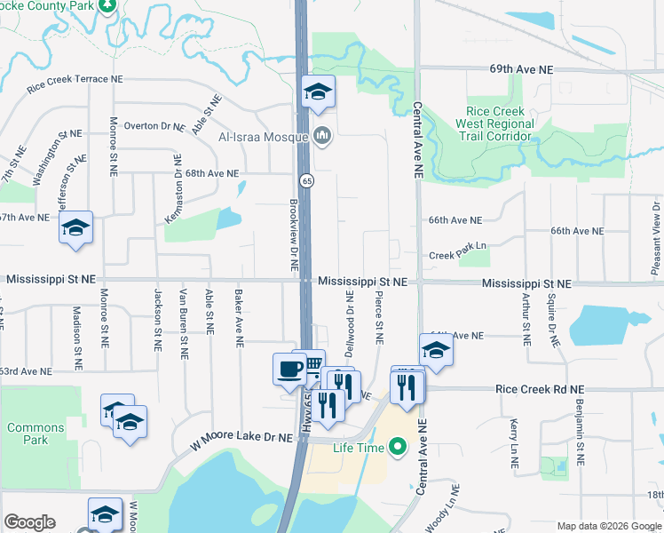 map of restaurants, bars, coffee shops, grocery stores, and more near 6549 Lucia Lane Northeast in Fridley