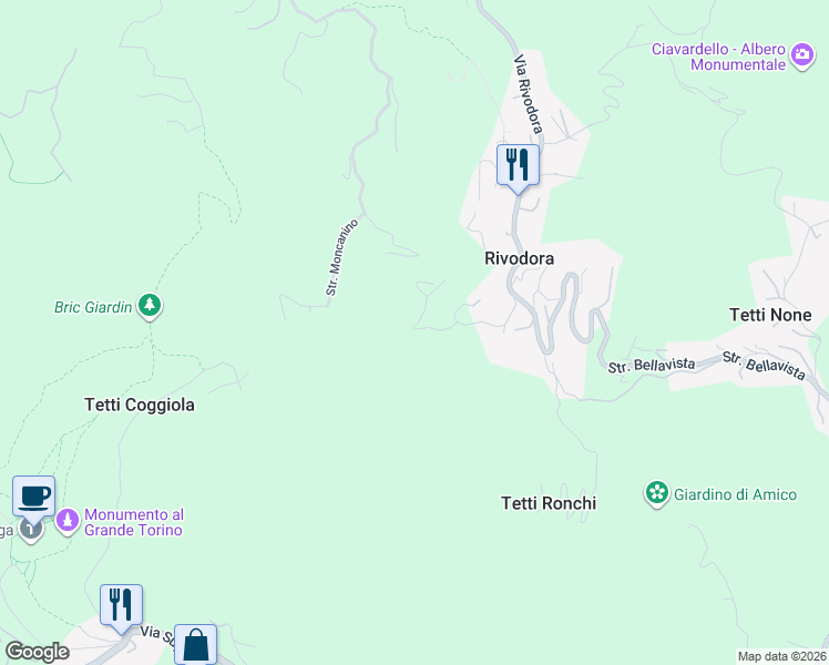 map of restaurants, bars, coffee shops, grocery stores, and more near 11 Via Torino in Rivodora