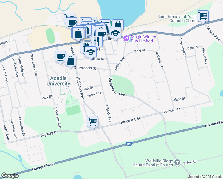 map of restaurants, bars, coffee shops, grocery stores, and more near 92 Gaspereau Avenue in Wolfville