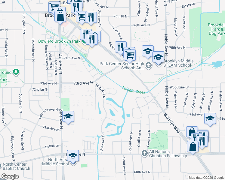 map of restaurants, bars, coffee shops, grocery stores, and more near 7258 Unity Avenue North in Brooklyn Center