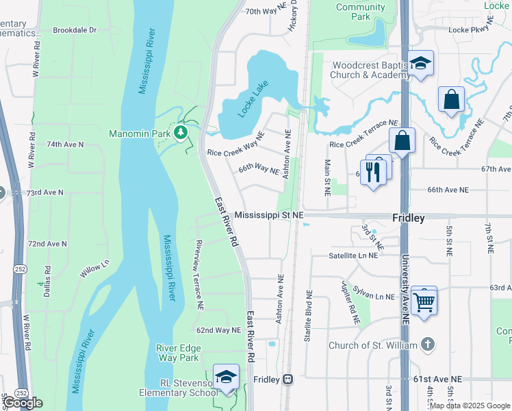 map of restaurants, bars, coffee shops, grocery stores, and more near 98 65 1/2 Way Northeast in Fridley