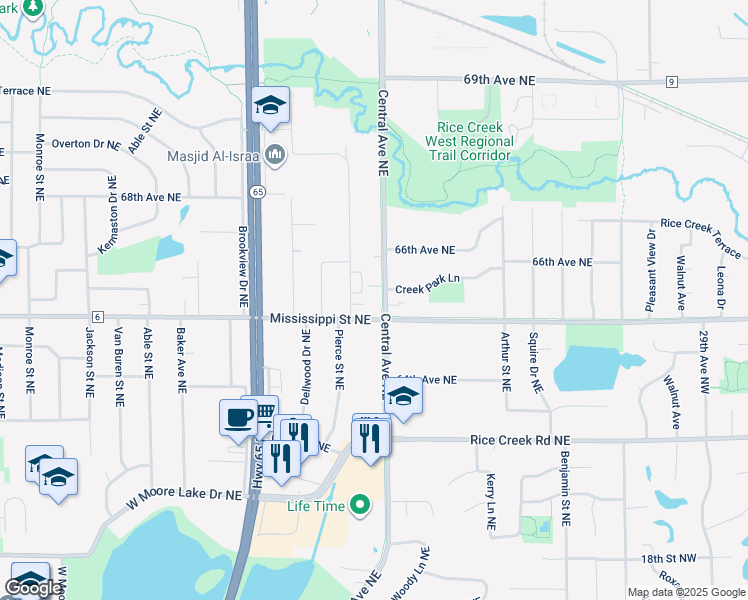 map of restaurants, bars, coffee shops, grocery stores, and more near 6544 Central Avenue Northeast in Minneapolis