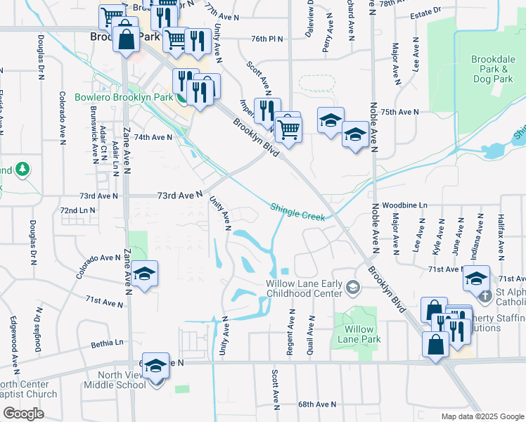 map of restaurants, bars, coffee shops, grocery stores, and more near 5432 Ponds Drive North in Brooklyn Center