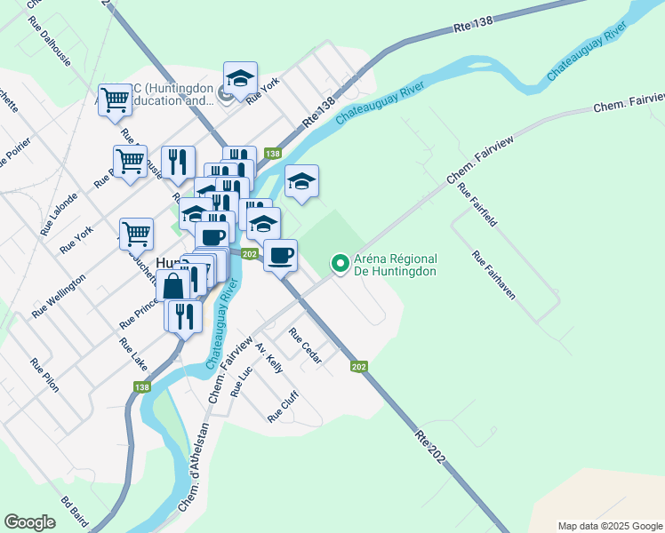 map of restaurants, bars, coffee shops, grocery stores, and more near 1 Chemin Fairview in Huntingdon