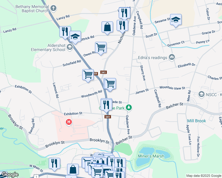 map of restaurants, bars, coffee shops, grocery stores, and more near 13 Lynwood Avenue in Kentville